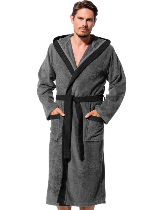 Morgenstern Bademantel Herren Kapuze Frottee 100% Baumwolle Lang Cadiz Salamanca M Grau-Schwarzgrau