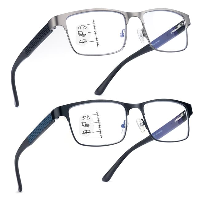 Missfive 2 Pack Gleitsichtbrille Herren Metall Multifokale Blaulichtfilter Halbrahmen Gleitsicht Lesebrille Mit Federscharniere (Schwarz&Gunmetal, Nähe-Mittlere Entfernung, 2.0x) Multifokus/ 1 Schwarz+ 1 Gunmetal 2.0 x