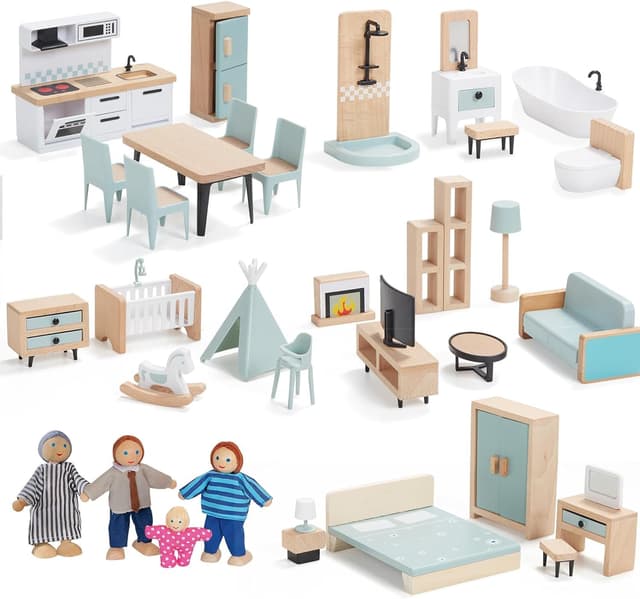 Giant bean Puppenhaus Möbel Holz Set, 36 Teilige Möbel mit 4 Familienpuppen, Puppen Zubehör Spielzeug für Jungen, Mädchen und Kleinkinder 3+ Jahren 36pcs