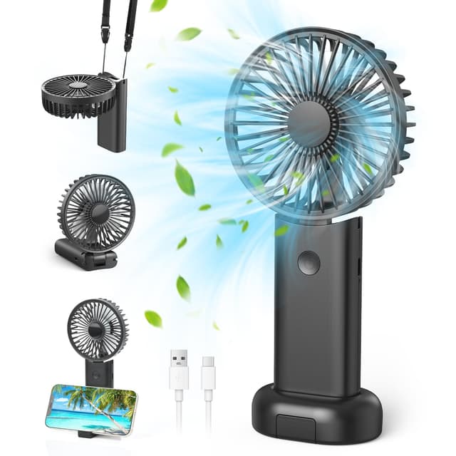 Handventilator, Tragbarer Mini Ventilator, 5-in-1 Hand Ventilator Mit 3 Speeds, Handventilator Akku Aufladbar, Faltbarer USB-Ventilator Klein für Outdoor Camping Büro Hause Reisen Geschenk(Schwarz)