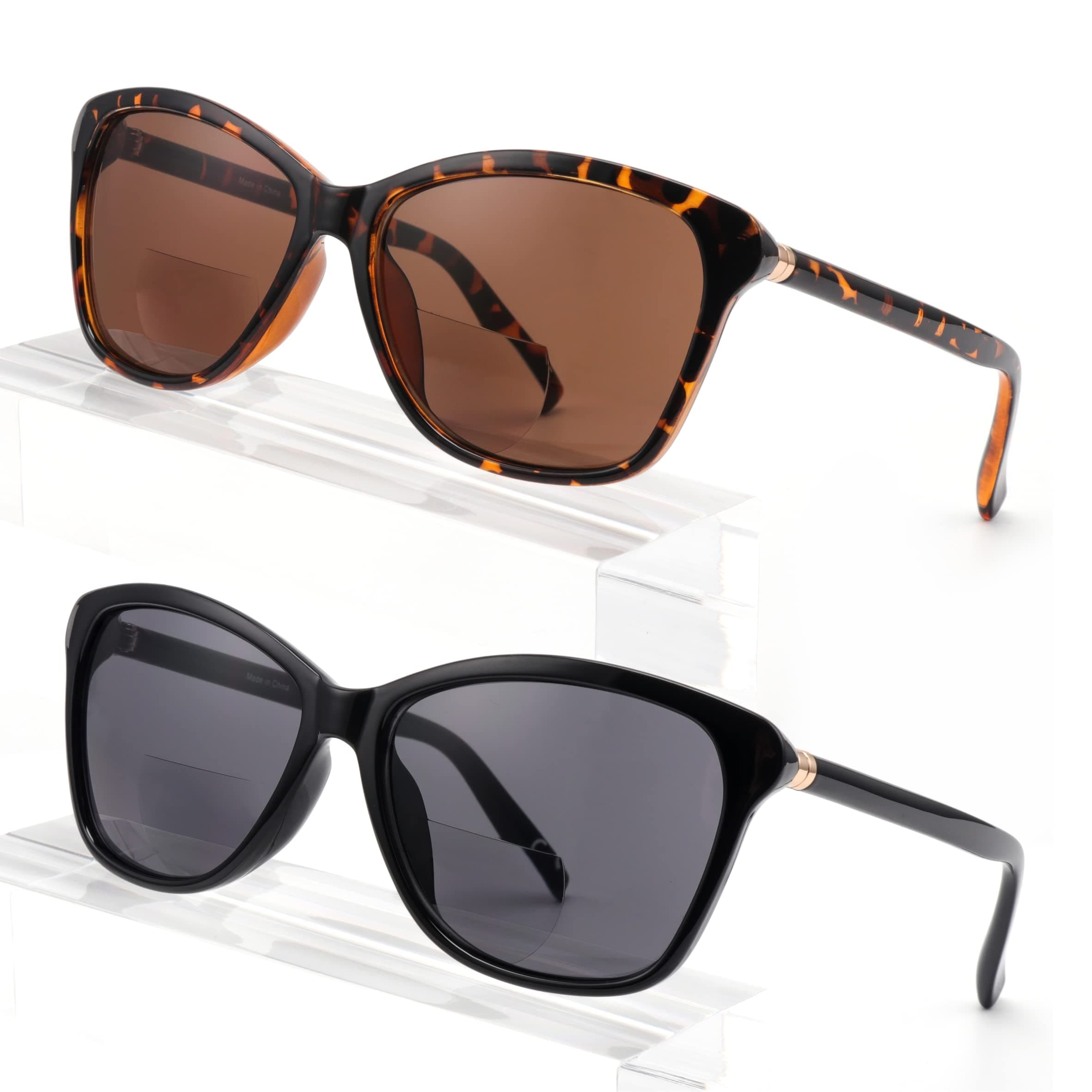 Missfive 2 Pack Vintage Bifokale Sonnenbrille mit Sehstärke Damen Klassisch Lesesonnenbrille Frauen schwarz Schildkröte Retro Cat Eye Brille, UV Schutz Sunglasses für Fahren, +2.0 Schwarz + Schildkröte / Bifokal 2.0 x