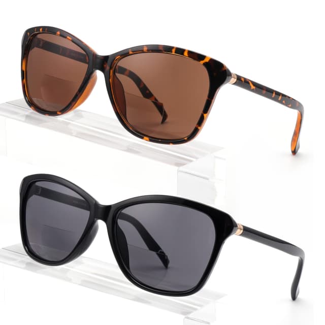 Missfive 2 Pack Vintage Bifokale Sonnenbrille mit Sehstärke Damen Klassisch Lesesonnenbrille Frauen schwarz Schildkröte Retro Cat Eye Brille, UV Schutz Sunglasses für Fahren, +2.0 Schwarz + Schildkröte / Bifokal 2.0 x