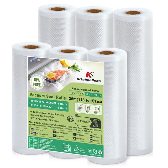 KitchenBoss Vakuumierbeutel 6 Rollen: 20x600cm 3 Rollen + 28x600cm 3 Rollen Vakuumierfolie, Vakuumrollen für Vakuumiergerät und Sous Vide, Kochfest & BPA-Frei