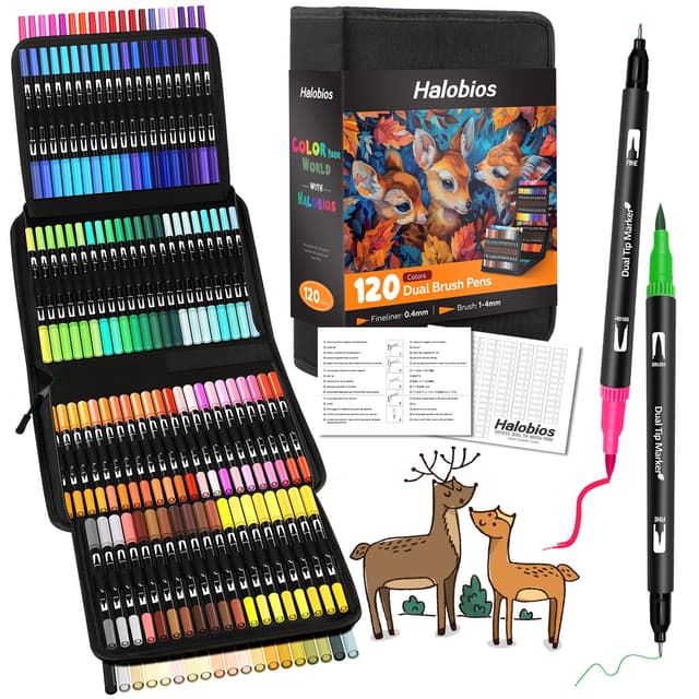 Halobios Dual Brush Pen Set, Filzstifte 120 Farben Pinselstifte Marker Aquarell Stifte Für Kinder und Erwachsene, Ausgestattet mit Schwarzer Tragetasche Lagerbasis