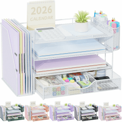 gianotter Briefablage aus Papier mit Aktenhalter, 4-stöckig, Schreibtischzubehör und Arbeitsplatz-Organizer mit Schublade und 2 Stifthaltern, Schreibtisch-Organizer und Zubehör für Bürobedarf (Weiß) Angebot bei HelloDeals