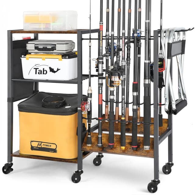 Bikoney Rutenhalter Angelrutenhalter für 12 Angel Rutenständer Angelzubehör Angelrute Angelrute Tackle Cart für Garage Hauseingang Ecke Geschenkideen für Männer Dad Karbonisiertes Schwarz&12 Angel