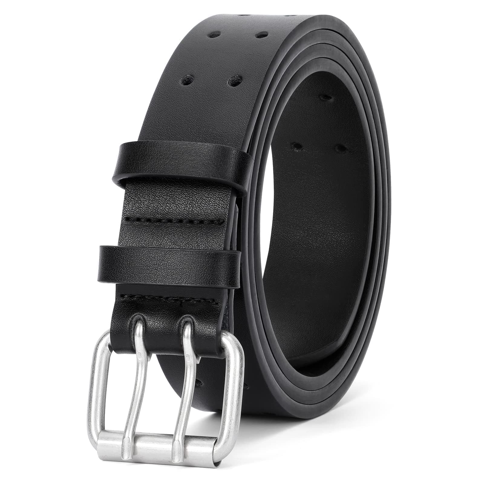 JasGood Herren Doppel Prong Ledergürtel Casual Work Heavy Duty Gürtel Doppel Ösen Gürtel für Jeans A-schwarz 120cm: für Taillengröße unter 105cm