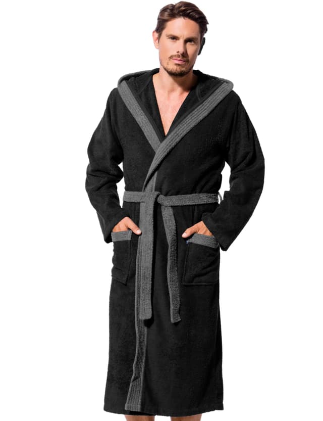 Morgenstern Bademantel Herren Kapuze Frottee 100% Baumwolle Lang Cadiz Salamanca XL Schwarz-Grau
