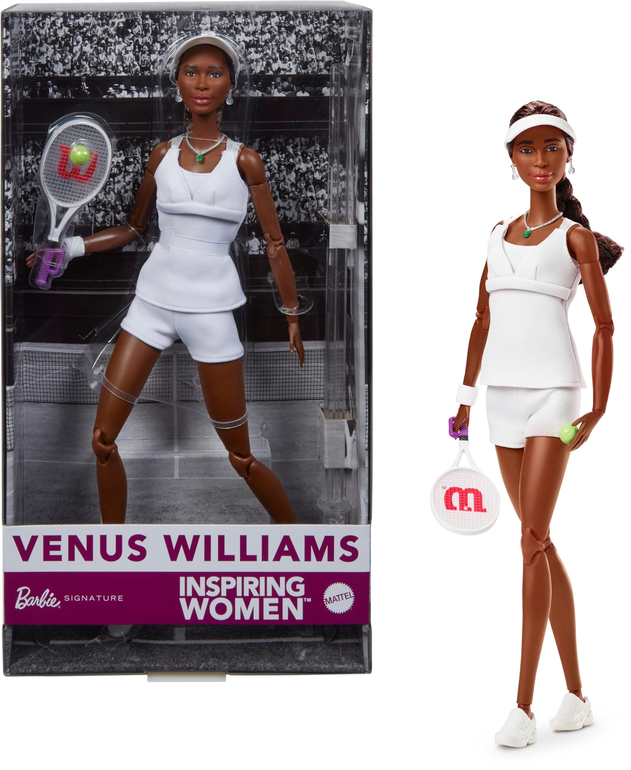 Barbie Inspiring Women Series, Venus Williams Modepuppe mit charakteristischer Tennis-Uniform und Schläger, inklusive ausstellbarer Verpackung, HRM49