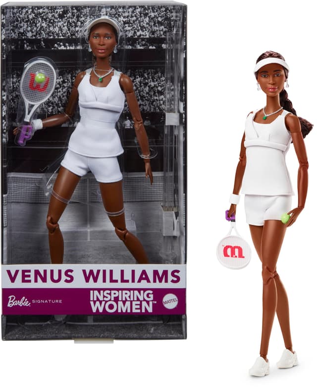 Barbie Inspiring Women Series, Venus Williams Modepuppe mit charakteristischer Tennis-Uniform und Schläger, inklusive ausstellbarer Verpackung, HRM49