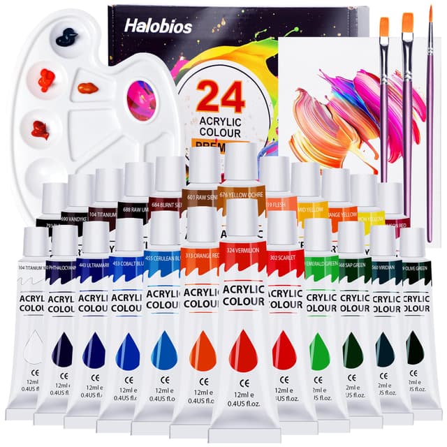 Halobios Acrylfarben-Set mit 24 Farben, 12 ml Tubenfarben mit 3 Pinseln, 1 Palette, 1 leere Leinwand für Künstler, Anfänger und Kinder, Acrylfarben-Set für Leinwand, Holz, Papier, Glas, Stoff
