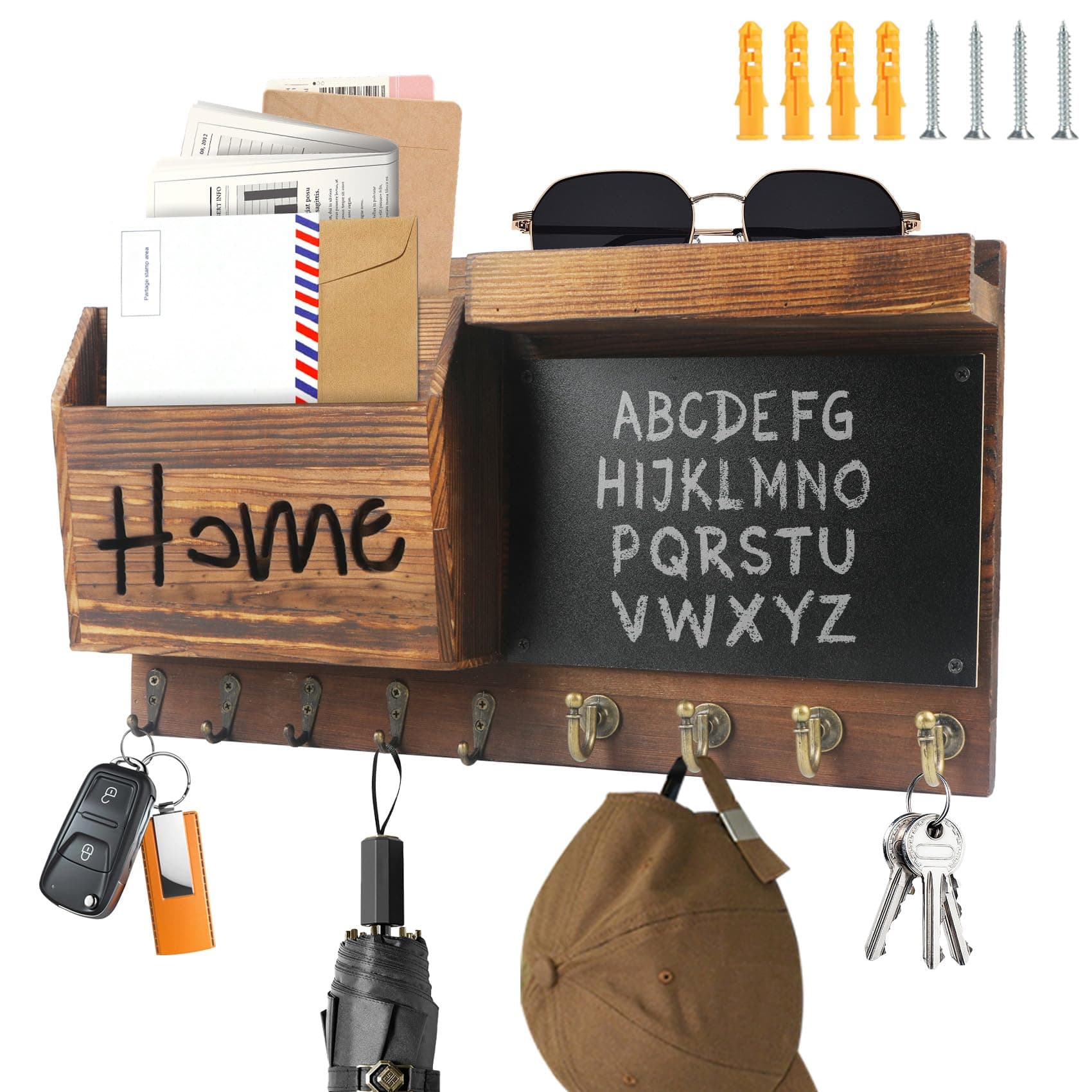 SHTALHST Schlüsselbrett Holz mit Ablage, Schlüsselbrett Groß– 40x22 cm, Schlüsselkasten Vintage mit 9 Schlüsselhaken, Briefablage, Wandgarderobe, Schlüsselbrett Personalisiert, Tafel