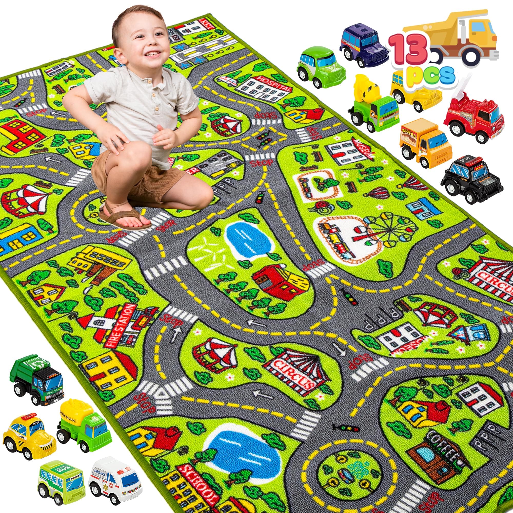 JOYIN Teppich Kinderzimmer 80x150cm mit 12 Mini Auto Spielzeug für Kinder, Spielteppich Straße Kinderteppich, Autoteppich Junge Mädchen für Schlafzimmer & Spielzimme