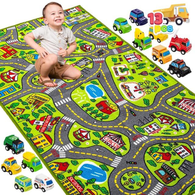 JOYIN Teppich Kinderzimmer 80x150cm mit 12 Mini Auto Spielzeug für Kinder, Spielteppich Straße Kinderteppich, Autoteppich Junge Mädchen für Schlafzimmer & Spielzimme