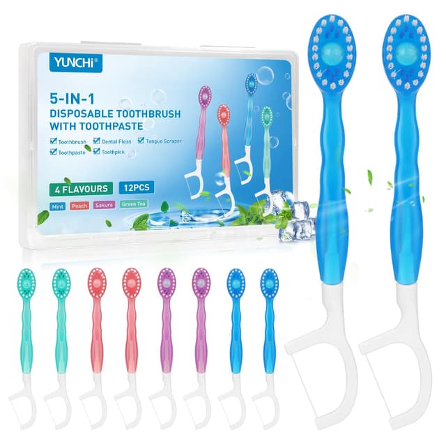 YUNCHI 12 Stück Mini Zahnbürste 5 in 1 Einmalzahnbürsten mit Zahnpasta + Pickel + Zungenschaber + Zahnseide, Reisezahnbürste Einzeln Verpackt für Camping Geschäftsreisen Kinder Erwachsene