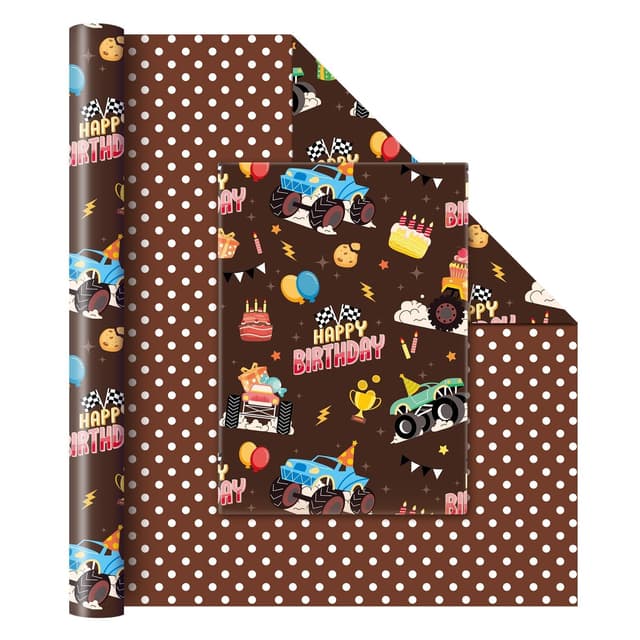 WERNNSAI Monster Truck Wendbare Geschenkpapier – 1 Rolle 43 cm x 10 m Happy Birthday Geschenkpapierrolle für Kinder Rennen Geburtstagsgeschenk für Jungen Monstertruck Packpapier Monster LKW
