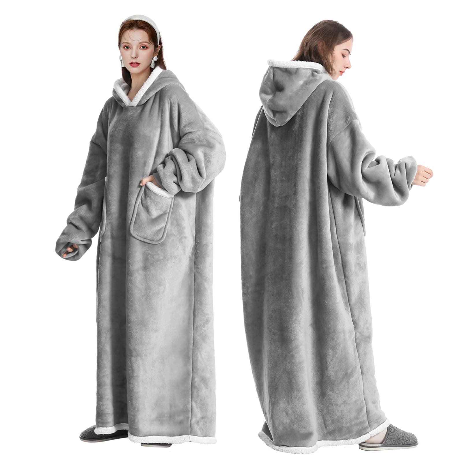 FEELJAM Decke mit Ärmeln und Kapuze kuscheldecke hoodie Grau Wärme ärmeldecke Winter TV Decke mit Hut Erwachsene Unisex 180 lang Hellgrau