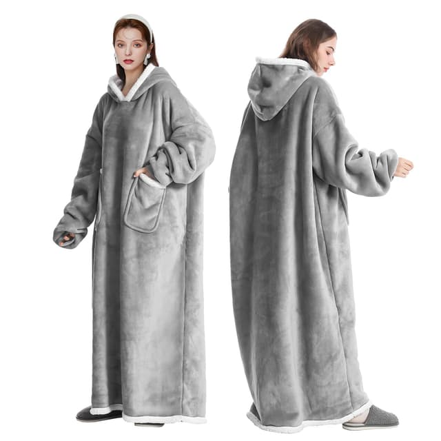 FEELJAM Decke mit Ärmeln und Kapuze kuscheldecke hoodie Grau Wärme ärmeldecke Winter TV Decke mit Hut Erwachsene Unisex 180 lang Hellgrau