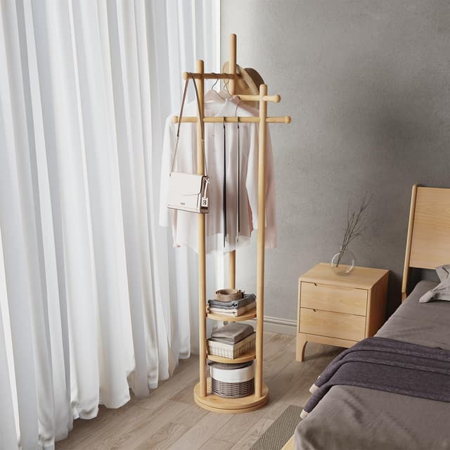 AQIMUELE Garderobenständer, Kleiderständer Massivholz, Drehbarer Jackenständer mit 3 Ablageflächen und 3 Haltestangen, für Kleidung und Hut, für Flur und Schlafzimmer (Naturholz) Naturholz Drehbarer - 1 Querstab