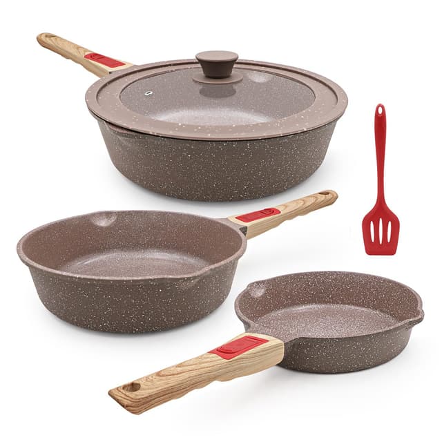 AIKENBBKK Keramik Pfannenset 5-teiliges, Pfanne mit Deckel 20/24/28 cm Antihaft Keramikbeschichtung Bratpfannenset mit abnehmbaren Griff, Backofen und Spülmaschinenfest- Braun Braun 5 Teiligs Pfannenset