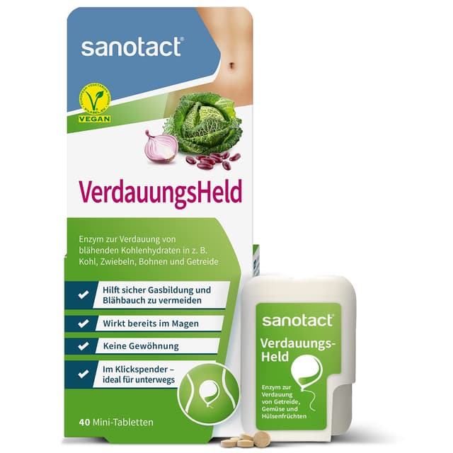 sanotact VerdauungsHeld (40 Mini-Tabletten) • Bei Blähbauch, Blähungen, Völlegefühl Verdauungstabletten im Klickspender für unterwegs • Unterstützung der Verdauung.