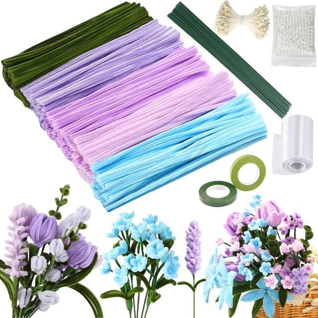 Hhaoysogd Pfeifenreiniger Blumen Set, 500 Stück Pfeifenputzer zum Basteln, 5 Farben zum Basteln mit Blumendraht, Schleifenband, Blumen Staubblatt für Blumenstrauß DIY Dekorationen (Lila)