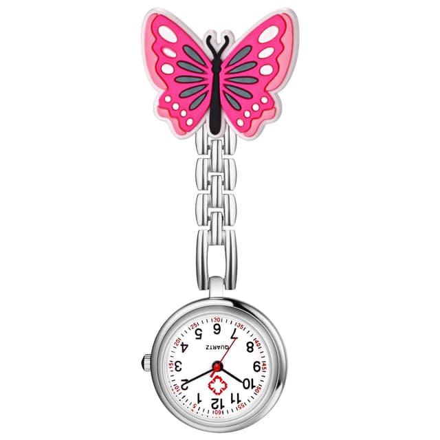 Avaner Krankenschwesteruhr mit Clip Cartoon Schmetterling: Taschenuhr mit Brosche Arbeitsuhr Schwesteruhr Kitteluhr FOB Uhr Pflegeruhr Anlog Quarzuhr für Arzt Doktor Krankenschwester Medical Rot-rosa