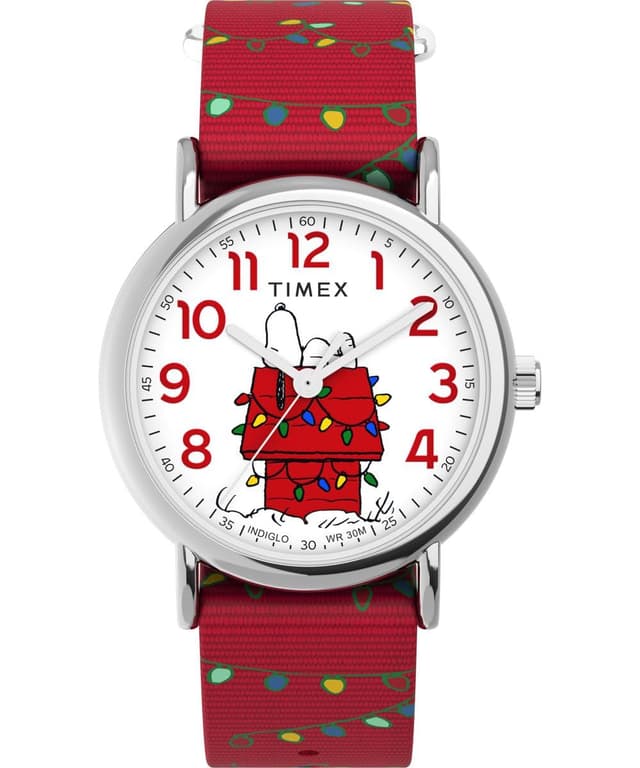 Timex Peanuts Damen-Armbanduhr, 38 mm, rotes Stoff-Durchzugsarmband, weißes Ziffernblatt, silberfarbenes Gehäuse TW2W80800