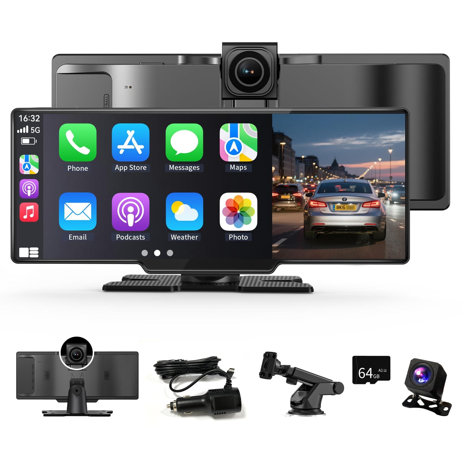 CarPlay Display Android Auto Display,4K 10,26 Zoll Wireless Car Play&Android Auto HD Touchscreen mit Dash Cam/1080P Rückfahrkamera/Navigation/Bluetooth/Sprachsteuerung/Mirror Link,für Alle Fahrzeuge P1
