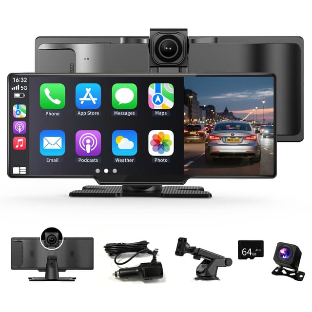 CarPlay Display Android Auto Display,4K 10,26 Zoll Wireless Car Play&Android Auto HD Touchscreen mit Dash Cam/1080P Rückfahrkamera/Navigation/Bluetooth/Sprachsteuerung/Mirror Link,für Alle Fahrzeuge P1