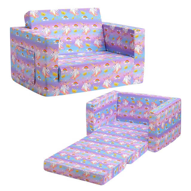 BEJOY Kindersofa Aufklappen 2 in 1 Schlafsofa, Kindersessel, Kinder Couch Ausklappbar Kinder Sofa für Kinderzimmer Kindertags- und Geburtstagsgeschenk für Mädchen und Jungen - Schönes Einhorn Lavendel