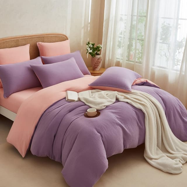 Boqingzhu Muslin Bettwäsche 135x200 cm Baumwolle Lila Rosa Sommerbettwäsche Leicht Kühlend Atmungsaktiv Wende Bettbezug Einzelbett und Kissenbezug mit Reißverschluss Muslin Lila Rosa 135 x 200 cm + 1 x 80 x 80 cm