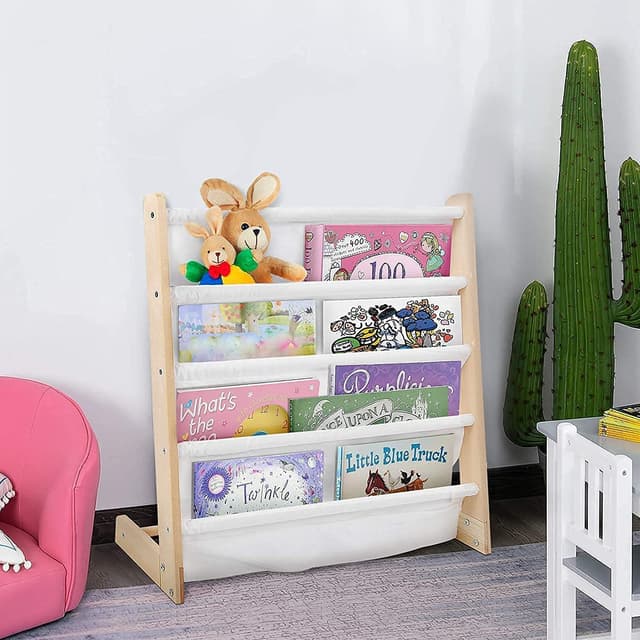 Kinder-Bücherregal aus Holz, Hängefächerregal Zeitungsständer mit 5 Fächern für Schlafzimmer, Spielzimmer, Schule 62 x 64 x 26 cm