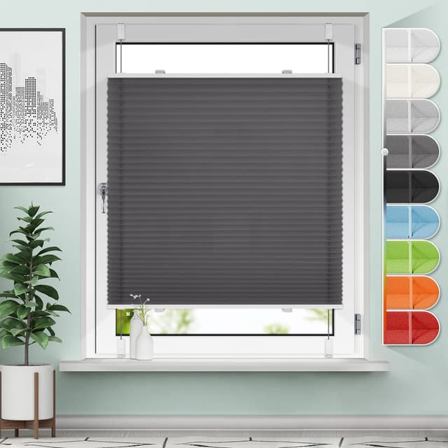 Sanfree Plissee Klemmfix Plisseerollo ohne Bohren Anthrazit B95 x H130cm inkl. Klemmträger Blickdicht und lichtdurchlässig Jalousie Faltrollo Sichtschutz und Sonnenschutz Rollo für Fenster & Tür Anthrazit B95 x H130 cm