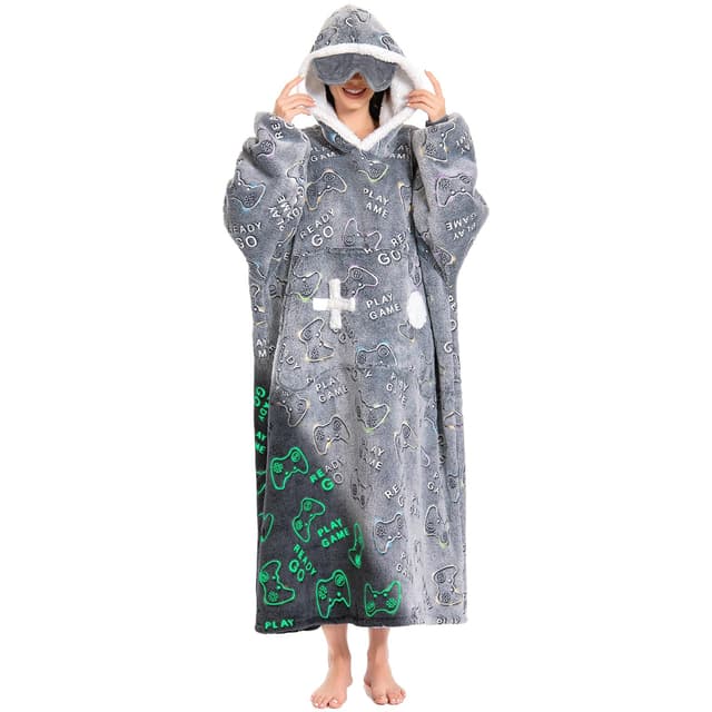 OLAOLA Oversized Fleece Hoodie Blanket, Cozy Warm Sherpa Hooded Blanket Sweatshirt with Pockets for Adults & Kids Adult-Extra Long Spiel-Controller, leuchtet im Dunkeln