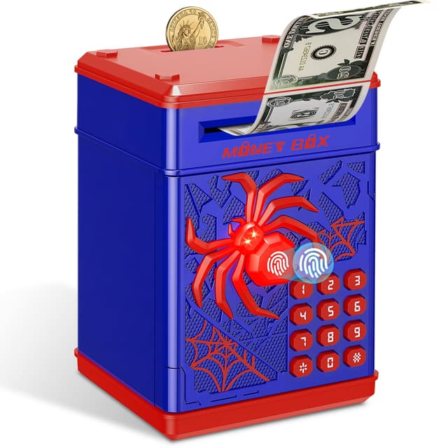 Yellcetoy Spider Spardose Kinder, Tresor Kinder mit Code Elektrische Safe Sparschwein Sparbüchse Geldsafe ATM Piggy Bank, Geburtstag Weihnachts Geschenke für Jungen Mädchen 3 4 5 6 7 8+ Jahre Blau