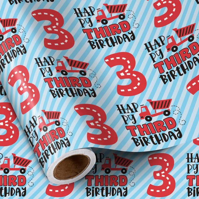 RUSPEPA Geburtstagsgeschenkpapier für Jungen – Minirolle – HAPPY THIRD BIRTHDAY Streifendesign für Jungengeburtstagspartys und mehr – 43,2 cm x 5 m – 3 Jahre alt Alter 3