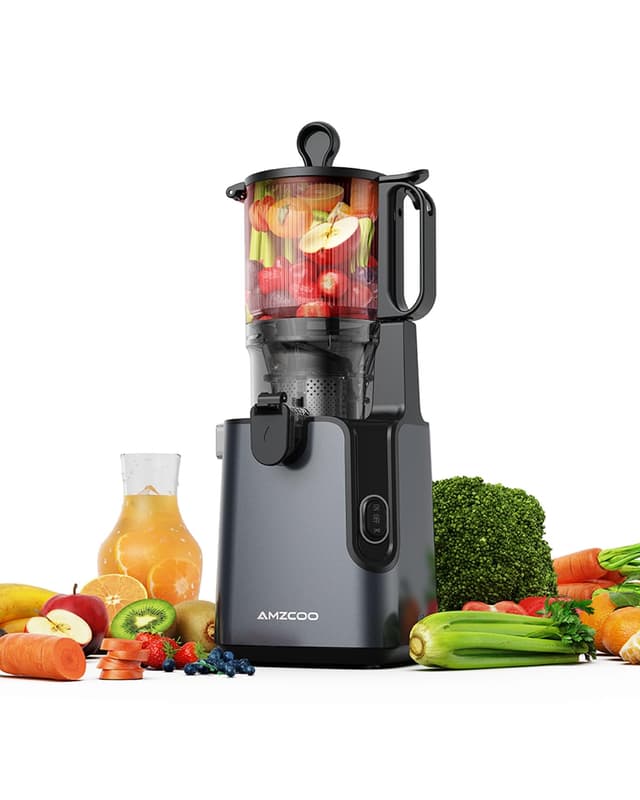 Amzcoo Slow Juicer, 130mm Einfüllöffnung Entsafter und 1,8L Saftbehälter, Kaltpresse für ganze Gemüse und Früchte, einfach zu reinigen, BPA-frei Schwarz