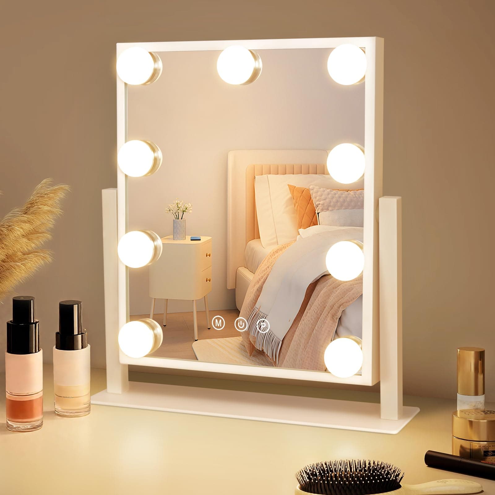 Mursche Schminkspiegel mit Beleuchtung Hollywood Spiegel - Vanity Mirror mit 9 LED Klein Kosmetikspiegel mit Licht 360° Drehung Tischspiegel 3 Modi Schminktischspiegel Touch Dimmbar Hollywood - 33x30CM