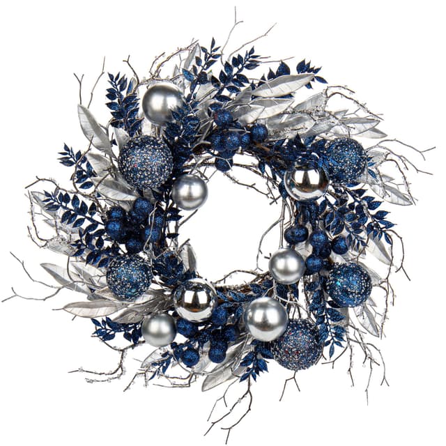 Weihnachtskranz Türkranz für Weihnachten - Blau Adventskranz mit Weihnachtskugeln und Fernzweige, Dekokranz Weihnachtsdeko Tischkranz, Ø 40CM