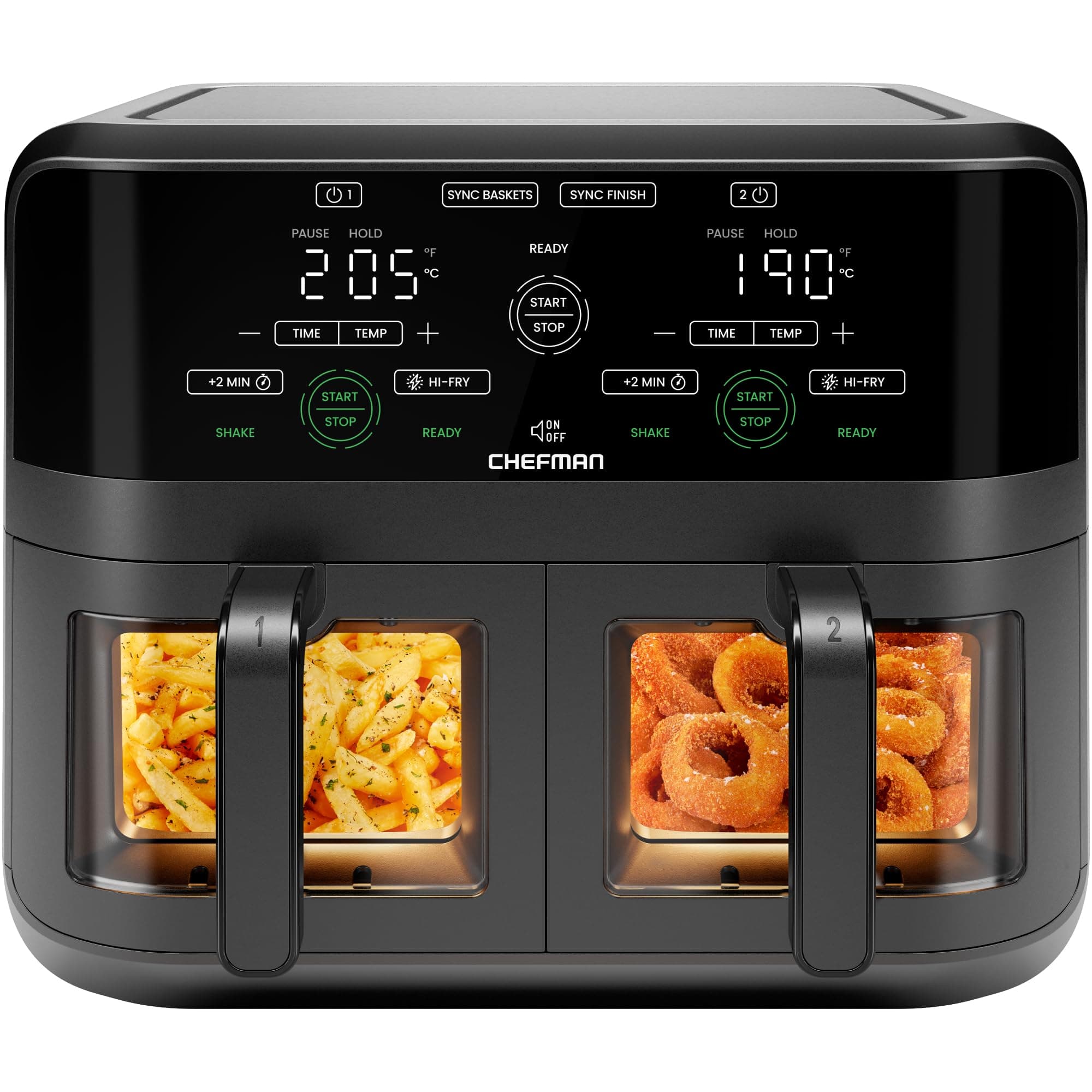 CHEFMAN 5,6 Liter Doppelkorb- Heißluftfritteuse mit Easy-View-Fenster, Sync-Finish, Hi-Fry, automatische Abschaltung, spülmaschinenfest, 2100W, digital - Schwarz Black 5,6L Doppelkorb