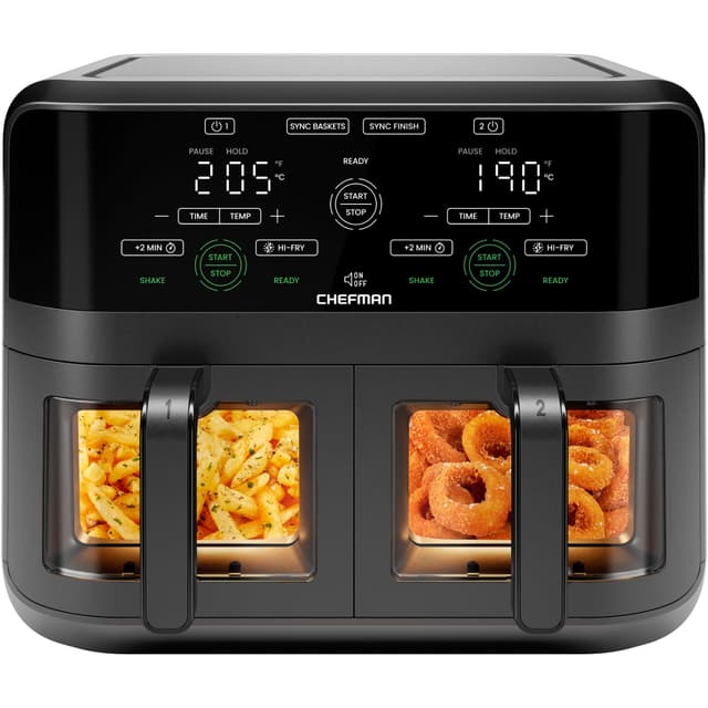 CHEFMAN 5,6 Liter Doppelkorb- Heißluftfritteuse mit Easy-View-Fenster, Sync-Finish, Hi-Fry, automatische Abschaltung, spülmaschinenfest, 2100W, digital - Schwarz Black 5,6L Doppelkorb