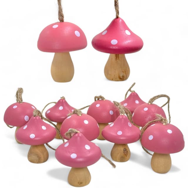 MIJOMA 10er Set Christbaumanhänger Holzpilz Fliegenpilz-Design 4x5cm ─ Vintage Holzdeko in Rot, Grau & Rosa für Adventskranz & Weihnachtsbaum (Rosa)