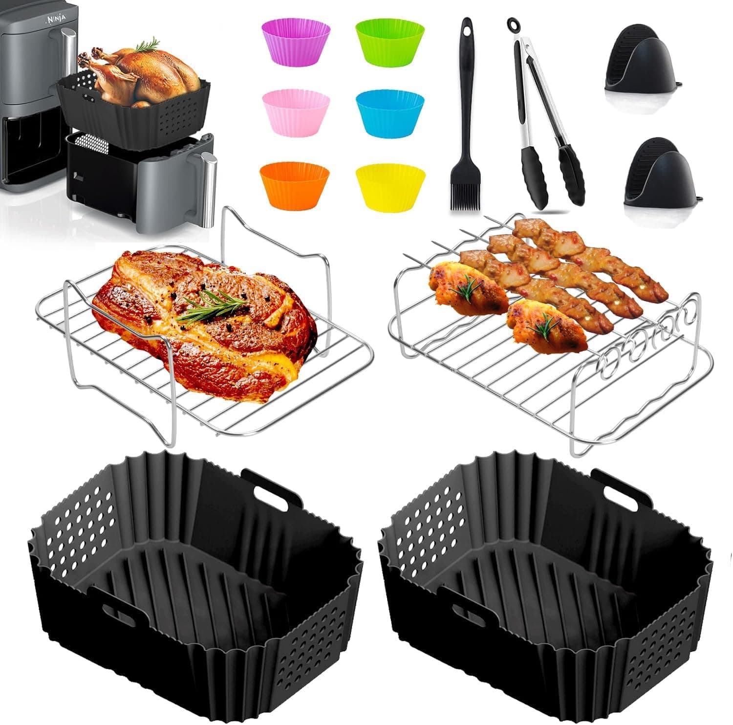 Airfryer Zubehör Mit Ninja Double Stack XL SL400EU SL451EU,Heißluftfritteuse Zubehör für Ninja Foodi Max Dual Zone AF300EU/AF400EU,AF451EU 7,6L-9,5L,2 Kammern Einsätze für COSORI 8,5L,Tower,Cookwise Für Ninja Ninja Double Stack Xl Sl400eu