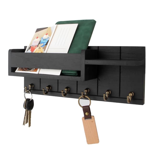 TPTGIAR Schlüsselbrett mit Ablage, Schlüsselbrett Holz mit Regal Enthält Briefhalter und 6 Haken, Dekoratives Schlüsselboard für Wohnzimmer Küche Büro Flur Schlafzimmer (Schwarz)