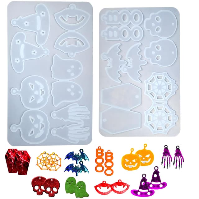 DHER 2 Stück Halloween Thema Silikonformen,Epoxidharz Formen DIY Charms Anhänger Gießform 10 Mini Kostüm Anhänger Silikonformen, DIY Dekoration Tropfen Kleber Formen, Anhänger Basteln Gießform (B)