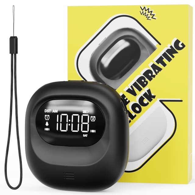 Kleiner Vibrationswecker für das Schlafzimmer, einstellbare Lautstärke, Typ-C-Ladegerät, Doppelalarm, Snooze, 12/24H, DST, Wochentag/Wochenende, Digital Uhr für Reisen, Studenten, Gehörloseg, Schwarz