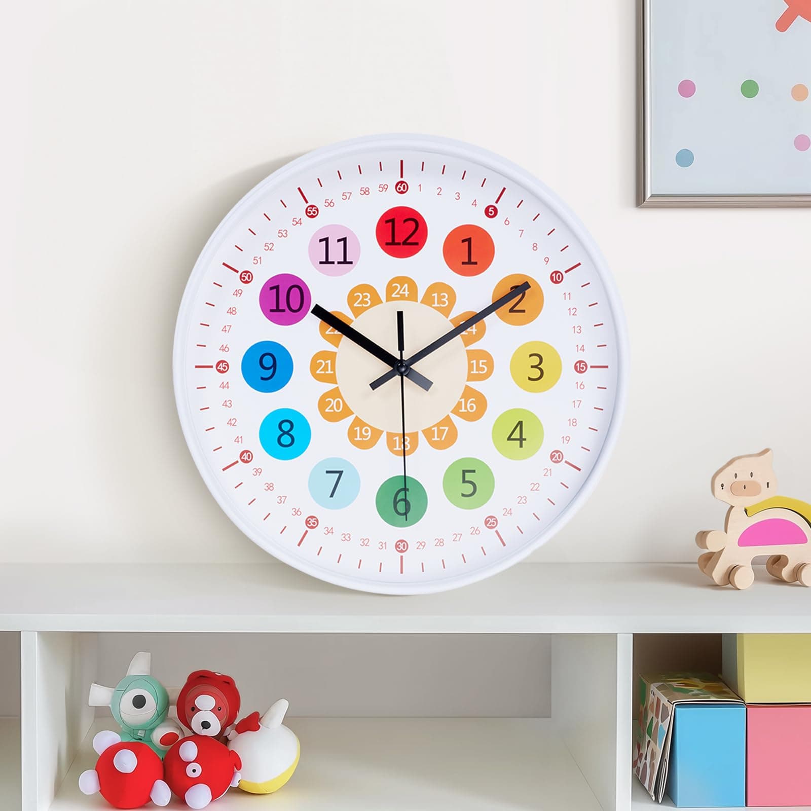 Warmiehomy Kinder Wanduhr Regenbogen Uhr Wand Groß 30cm Bunt Zahlen, Moderne Wanduhr ohne Tickgeräusche, lautlose Lernuhr, Geräuschlose Küchenuhren fürs Kinderzimmer Wohnzimmer Schlafzimmer Weiß Weißer Rahmen