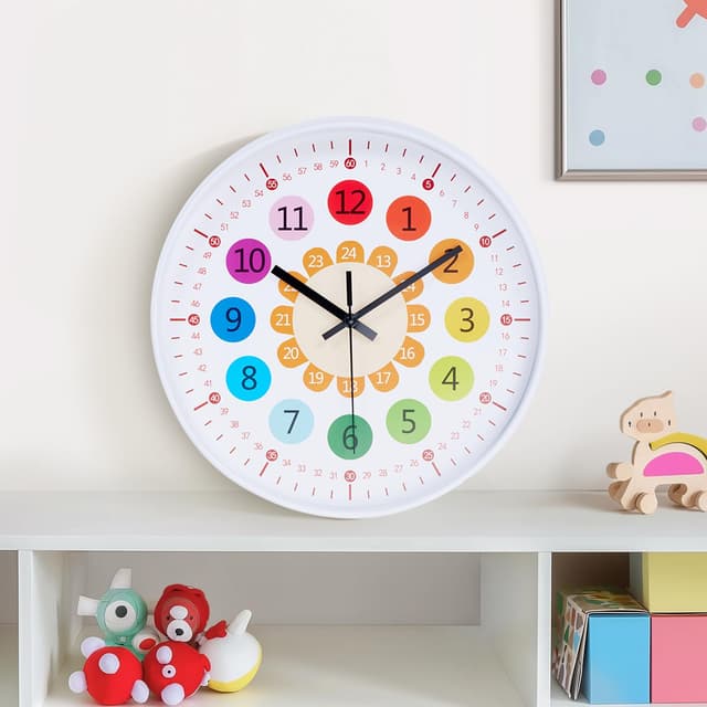Warmiehomy Kinder Wanduhr Regenbogen Uhr Wand Groß 30cm Bunt Zahlen, Moderne Wanduhr ohne Tickgeräusche, lautlose Lernuhr, Geräuschlose Küchenuhren fürs Kinderzimmer Wohnzimmer Schlafzimmer Weiß Weißer Rahmen