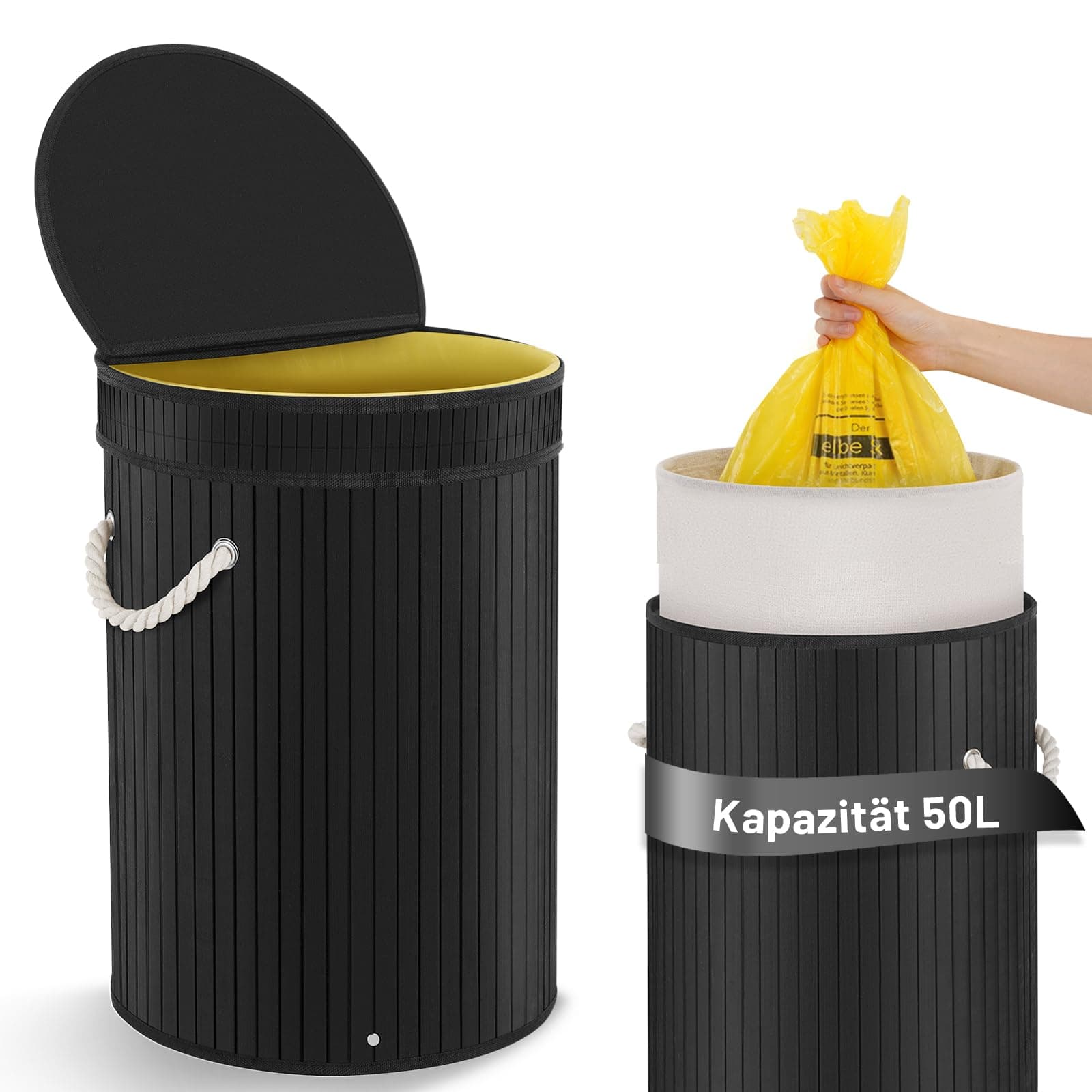 Biigdan Gelber Sack Ständer - 50L Bambus, Geruchsdicht & Robust Müllsackständer mit Zerlegt Deckel - Gelber Sack Mülleimer für 60L Säcke [inkl. waschbarer Innentasche] - Mülltrennsystem Küche,Schwarz 50L Schwarz50l